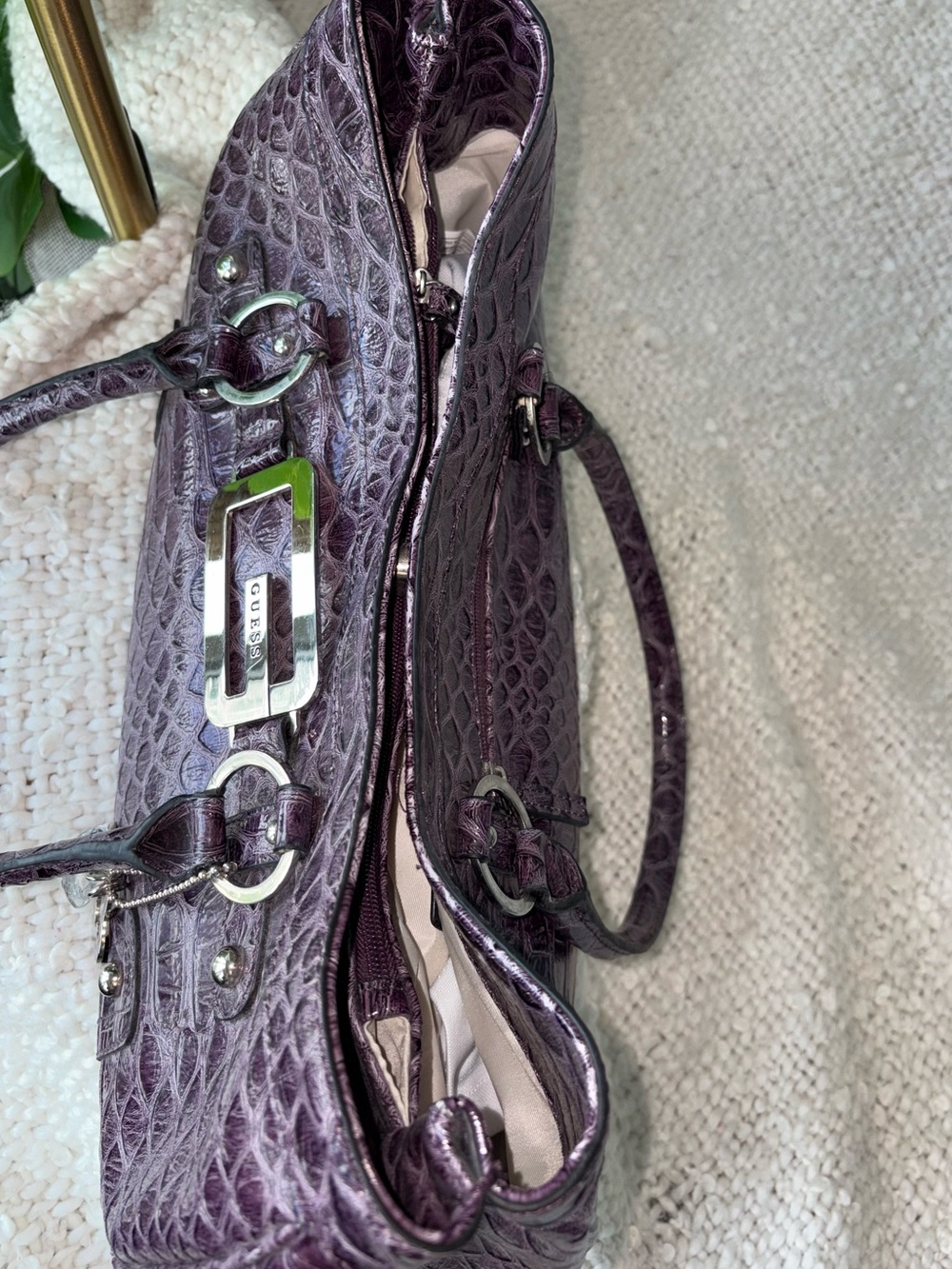 Vintage Y2K GUESS Purple Plum Croc Satchel Shoulder Bag Large G Charm Rare 2000s - Picture 12 of 14